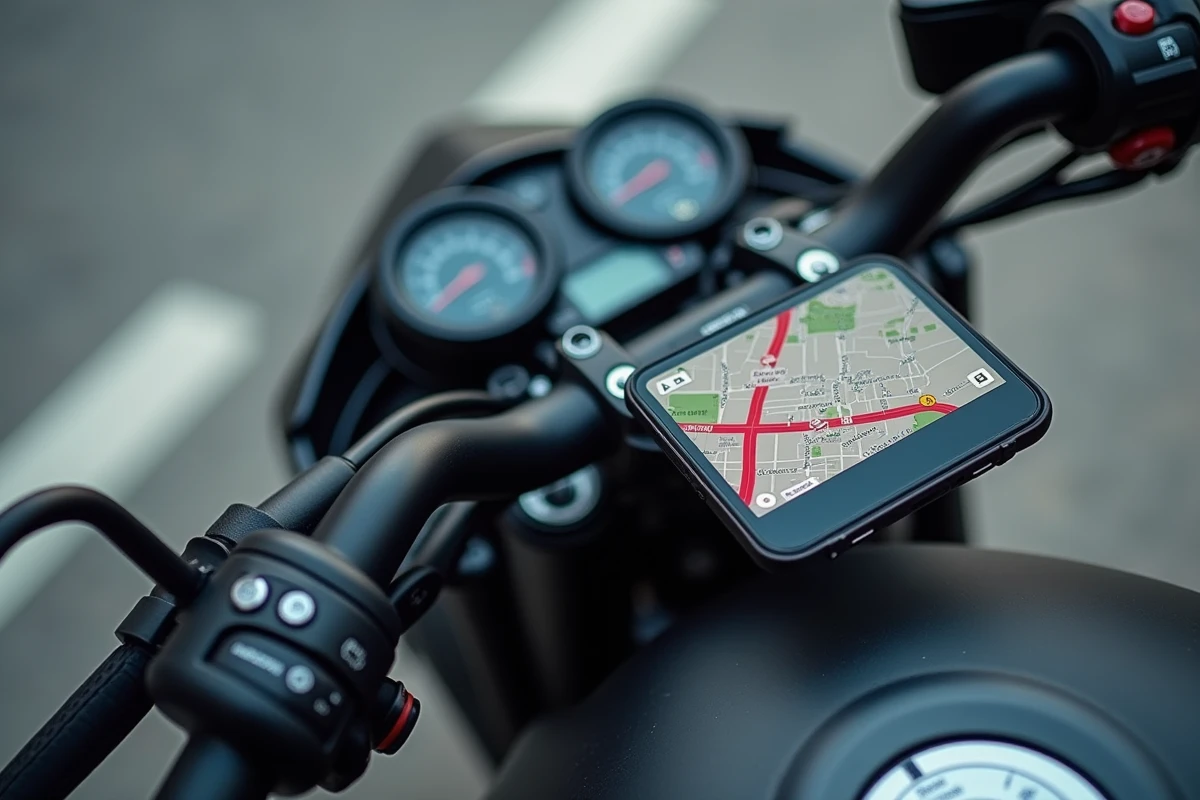 Guidon de moto avec application GPS affichant une carte de zone ZFE en ville