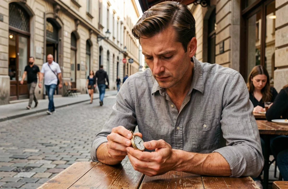 Homme tenant une montre de poche affichant 16h16 dans un café urbain, illustration de la synchronicité et de l'heure miroir