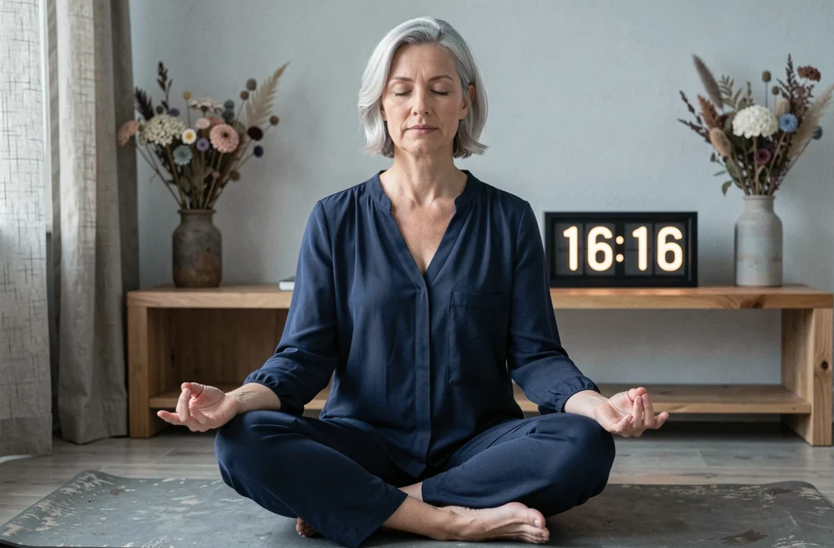 Femme en méditation dans un espace zen avec une horloge affichant 16h16, évoquant la signification spirituelle de l'heure miroir