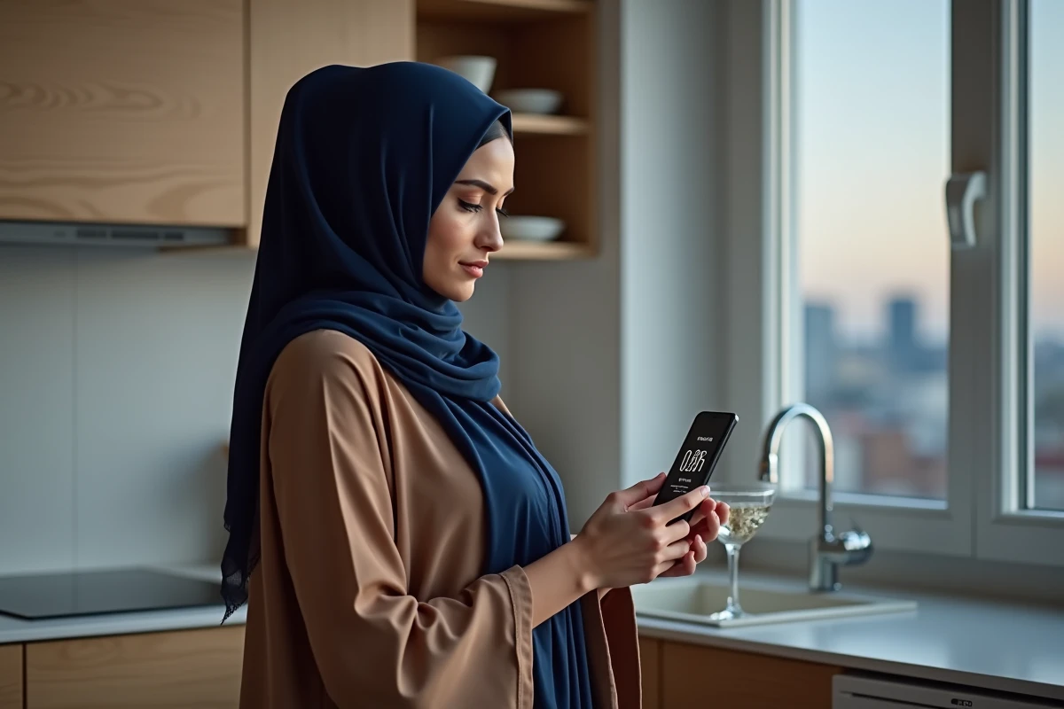 Femme musulmane vérifiant l'heure de la prière Fajr sur son téléphone à Nantes tôt le matin