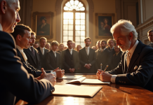 Intérieur d'une mairie historique en 19e siècle avec signature officielle