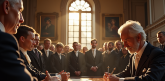 Intérieur d'une mairie historique en 19e siècle avec signature officielle