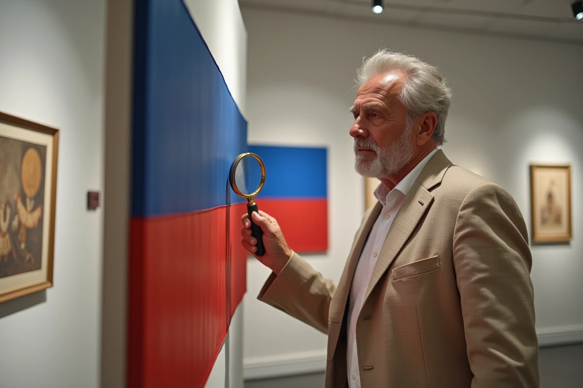 Historien d'âge mûr examinant un grand drapeau bleu et rouge dans une galerie de musée moderne avec une loupe