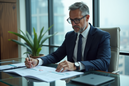 Homme d'affaires confiant en costume navy dans un bureau moderne