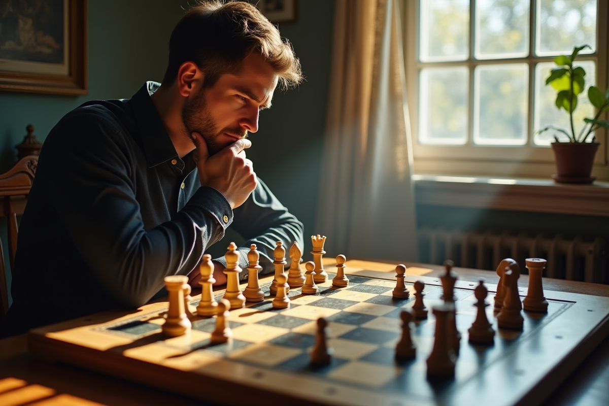 Homme réfléchissant devant un échiquier stratégique