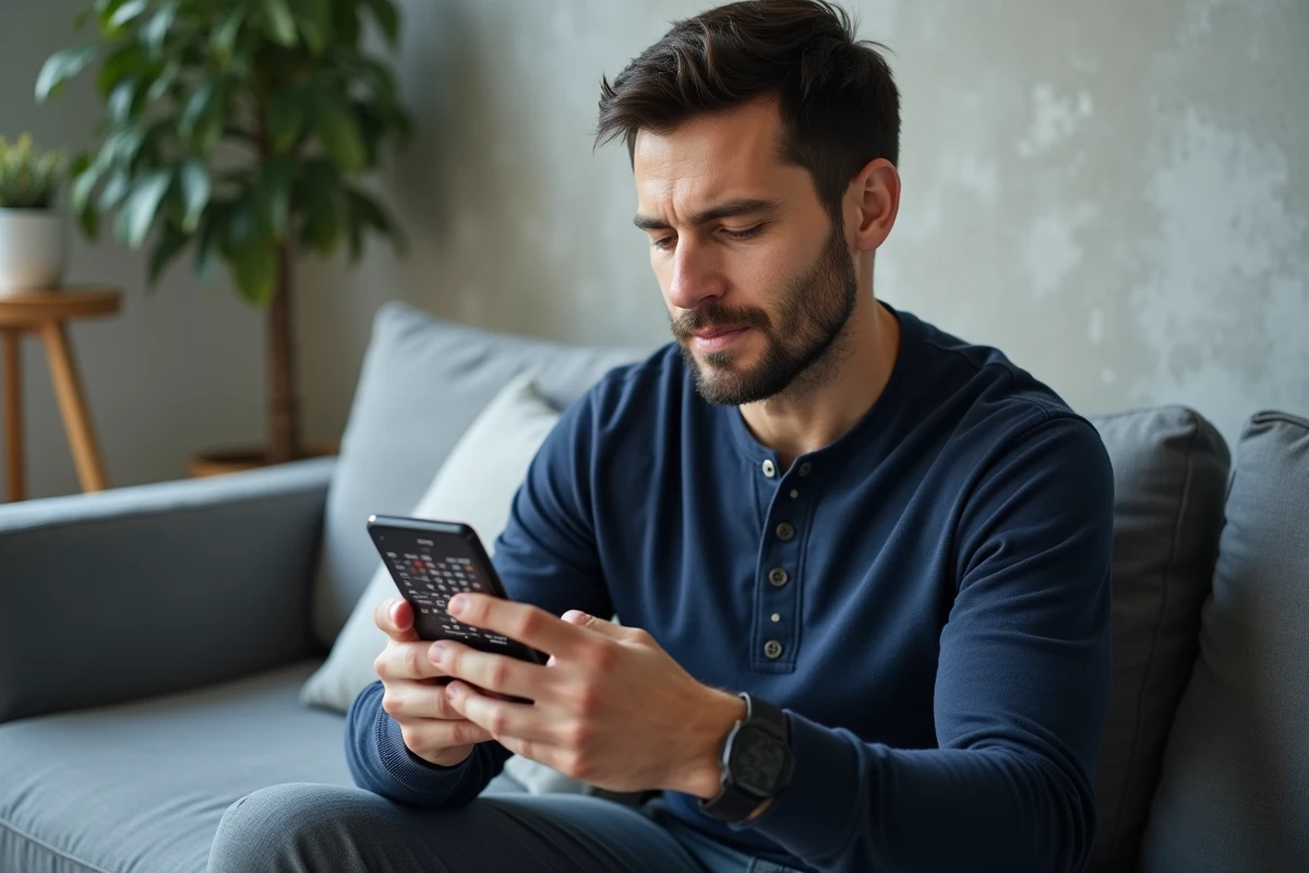 Homme utilisant une application de mots croisés CodyCross sur smartphone dans un salon moderne contemporain