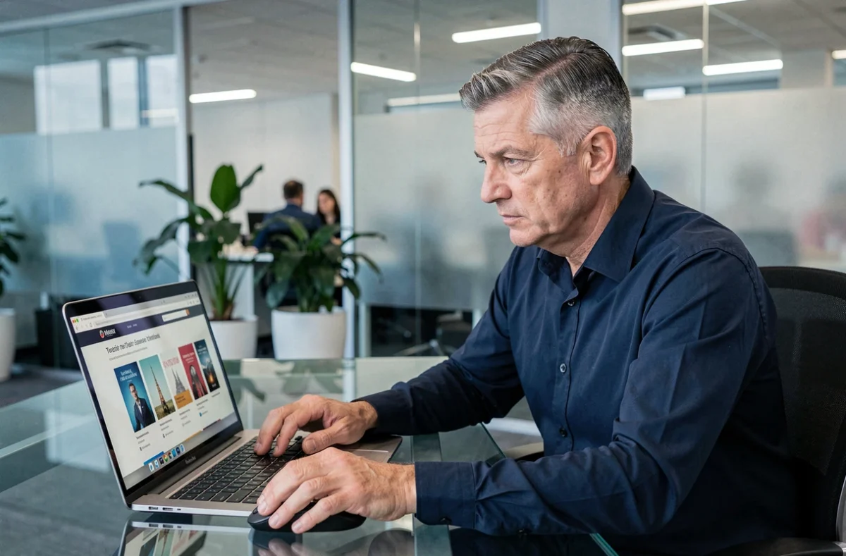 Homme d'affaires vérifiant la légalité d'un site de téléchargement d'ebooks sur son ordinateur portable