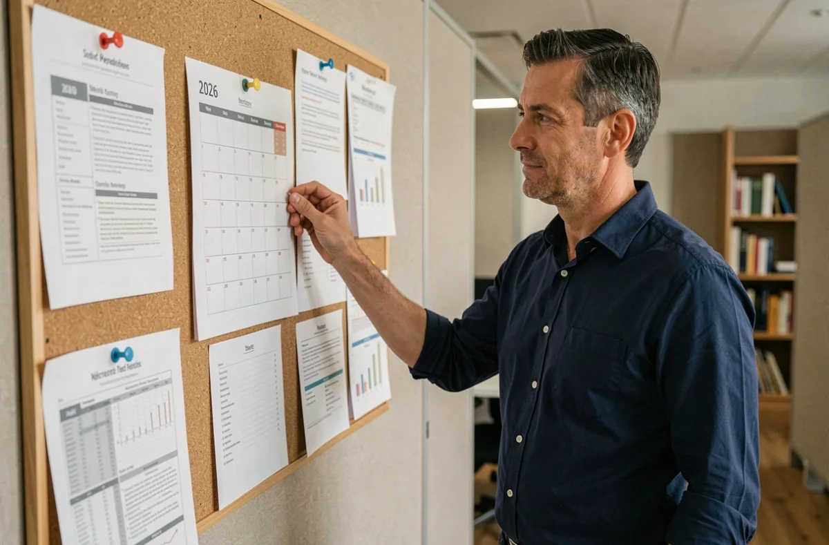 Homme accrochant un calendrier 2026 imprimé sur un tableau en liège dans un bureau professionnel moderne