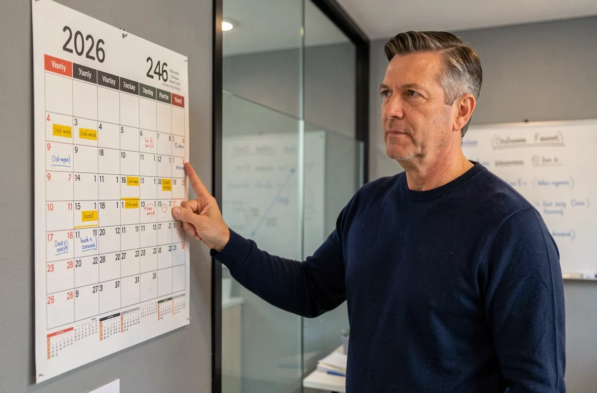 Homme désignant un calendrier mural semaine impaire 2026 dans un bureau moderne lors d'une session de planification