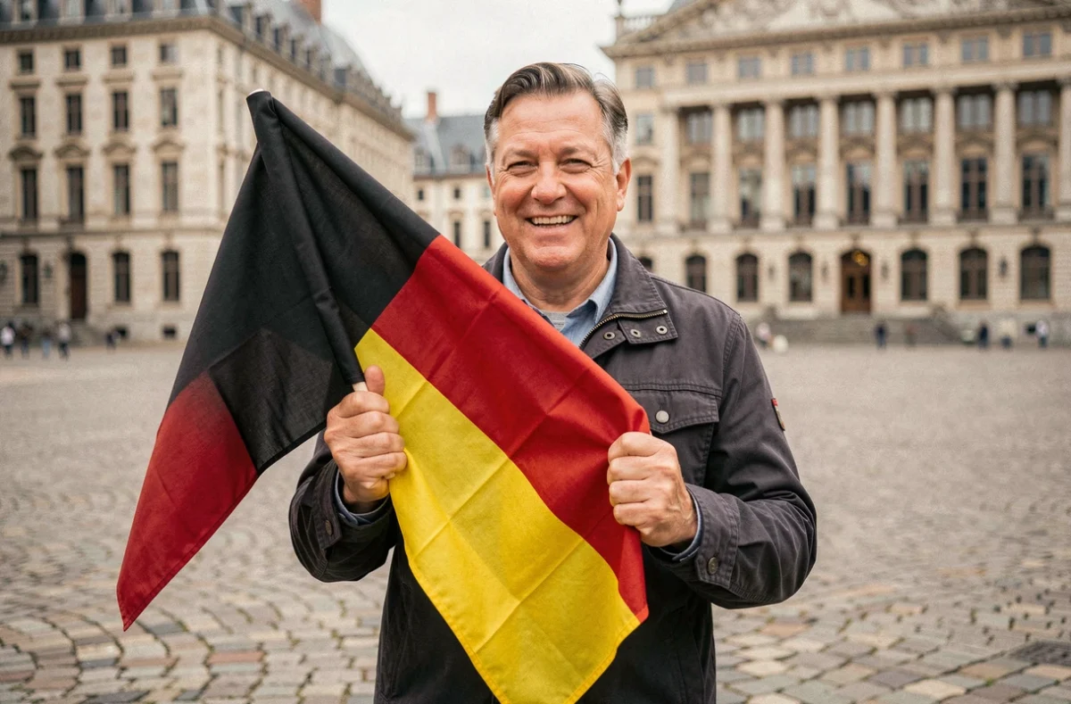 Homme tenant un drapeau tricolore noir rouge jaune dans une place publique pavée avec des bâtiments européens en arrière-plan