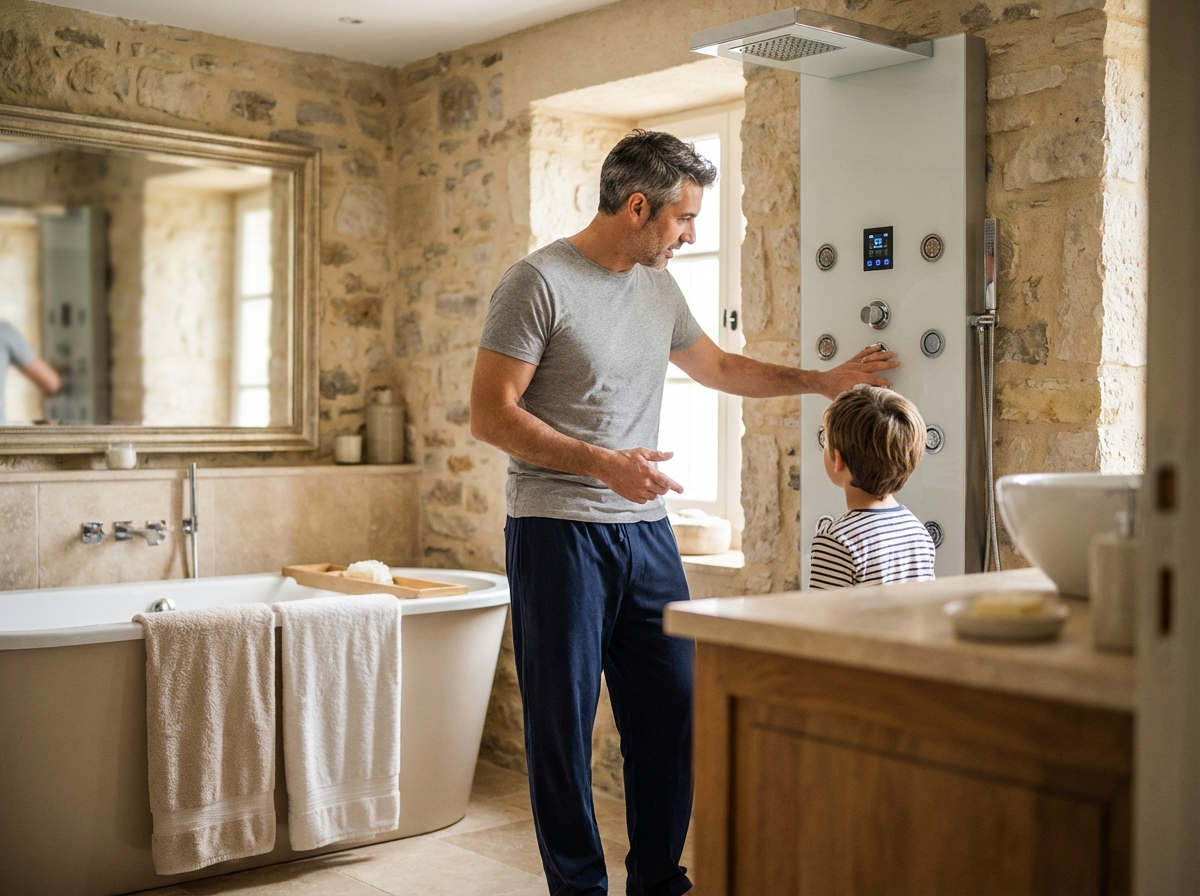 Homme expliquant le panneau de douche à un enfant dans la salle de bain