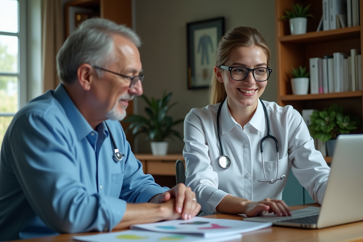 Homme et femme professionnels de santé consultent des blouses sur un ordinateur