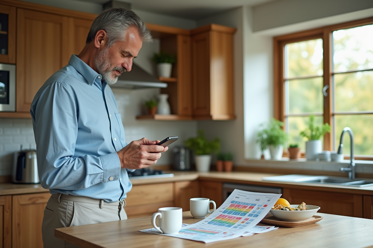 Homme utilisant son téléphone avec un graphique 54321 dans la cuisine