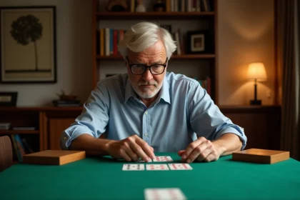 Homme d'âge moyen jouant au bridge dans un salon chaleureux