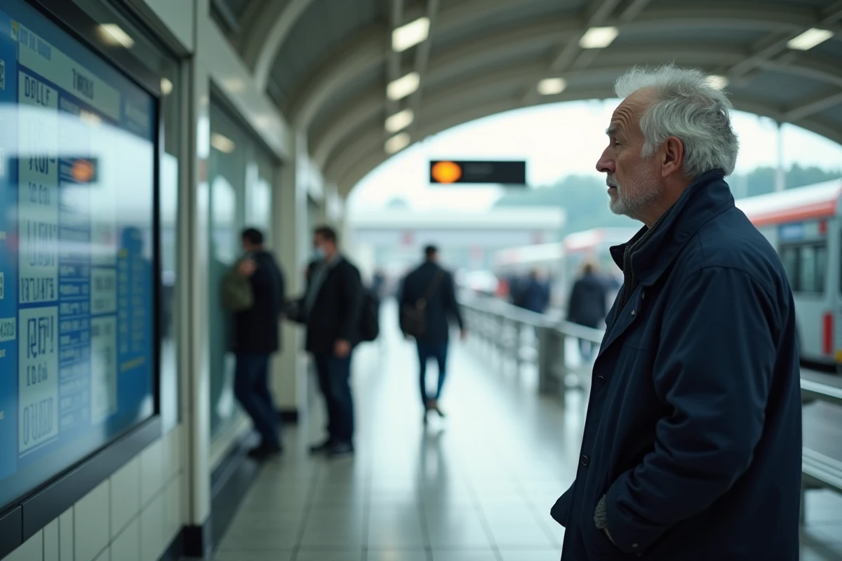 Homme examinant un écran de bus dans un terminal