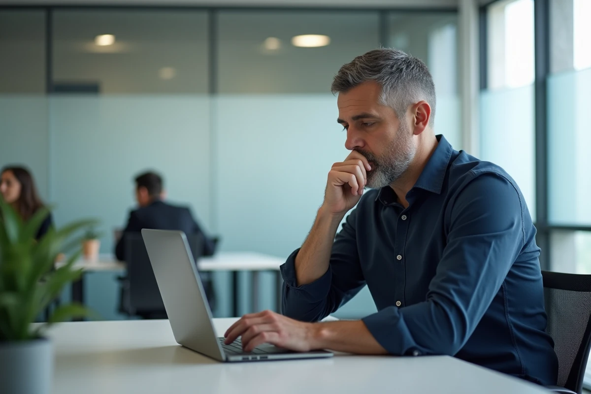 Homme consultant son ordinateur portable pour vérifier une règle d'orthographe sur faire partie ou parti en français