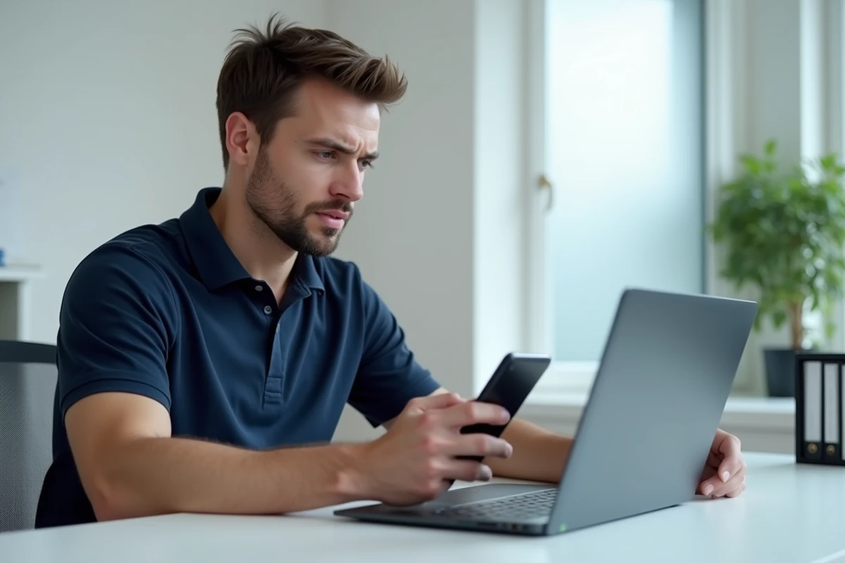 Homme cherchant une solution alternative au service client Sosh depuis son bureau à domicile