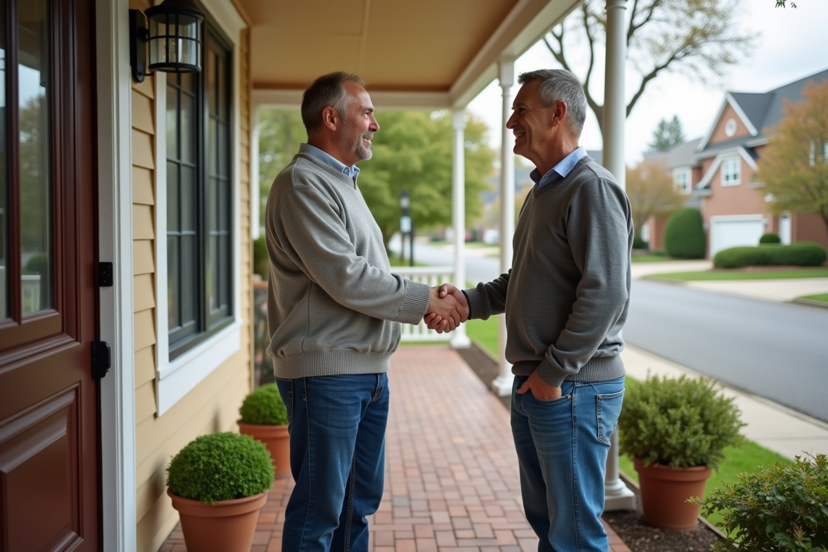 Homme d age moyen serre la main du propriétaire devant une maison