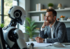 Intelligence artificielle : la machine peut-elle remplacer l’homme ? Homme d affaires face à un robot humanoide dans un bureau moderne