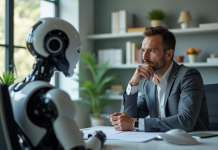 Homme d affaires face à un robot humanoide dans un bureau moderne