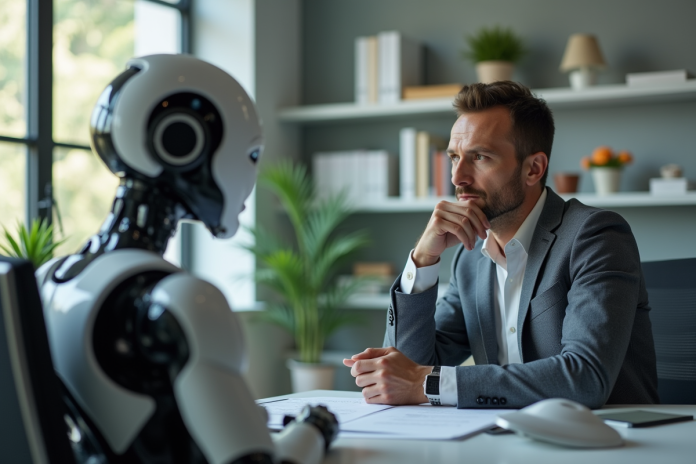 homme-robot-bureau Homme d affaires face à un robot humanoide dans un bureau moderne