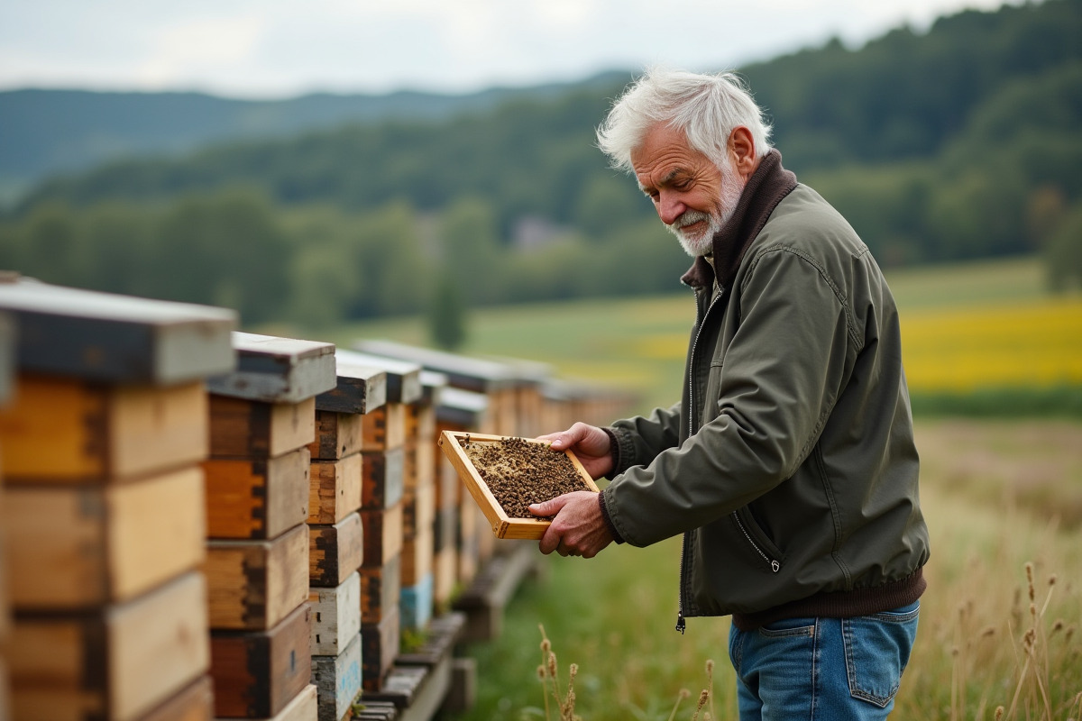 Homme inspectant une ruche dans un champ rural avec nature