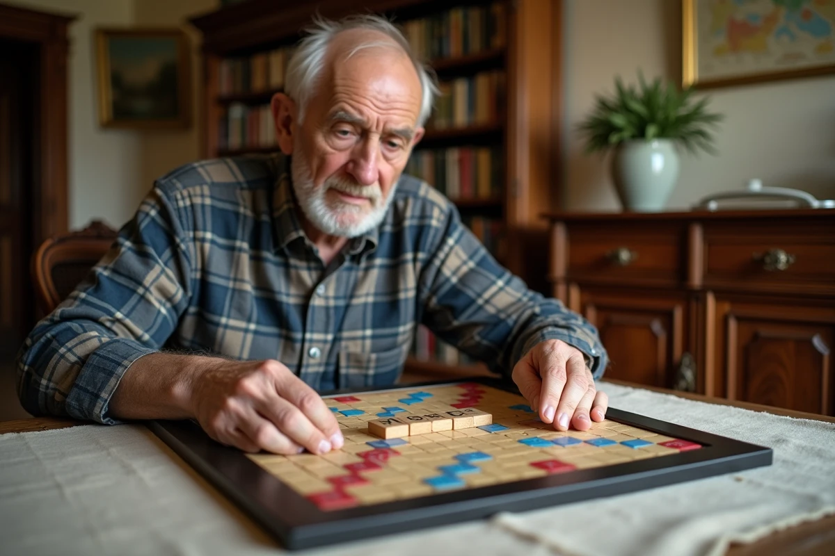 Homme âgé plaçant des lettres sur un plateau de Scrabble dans un salon français avec dictionnaires en arrière-plan