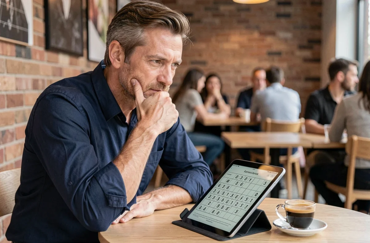 Homme adulte pensif résolvant un sudoku en ligne sur tablette dans un café moderne