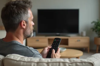 Homme appuyant sur les touches d'une télécommande Freebox qui ne répond plus correctement, assis dans un salon