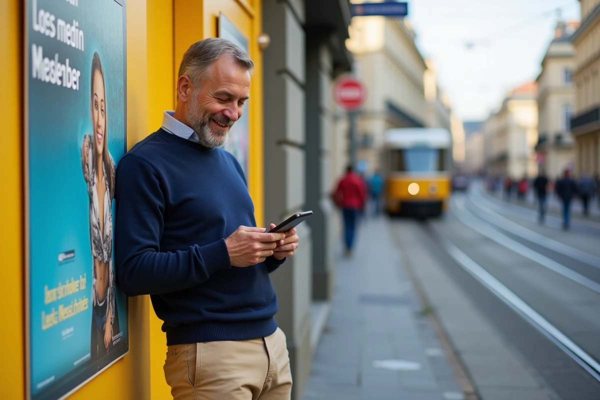 Homme souriant avec posters urbains à Bordeaux