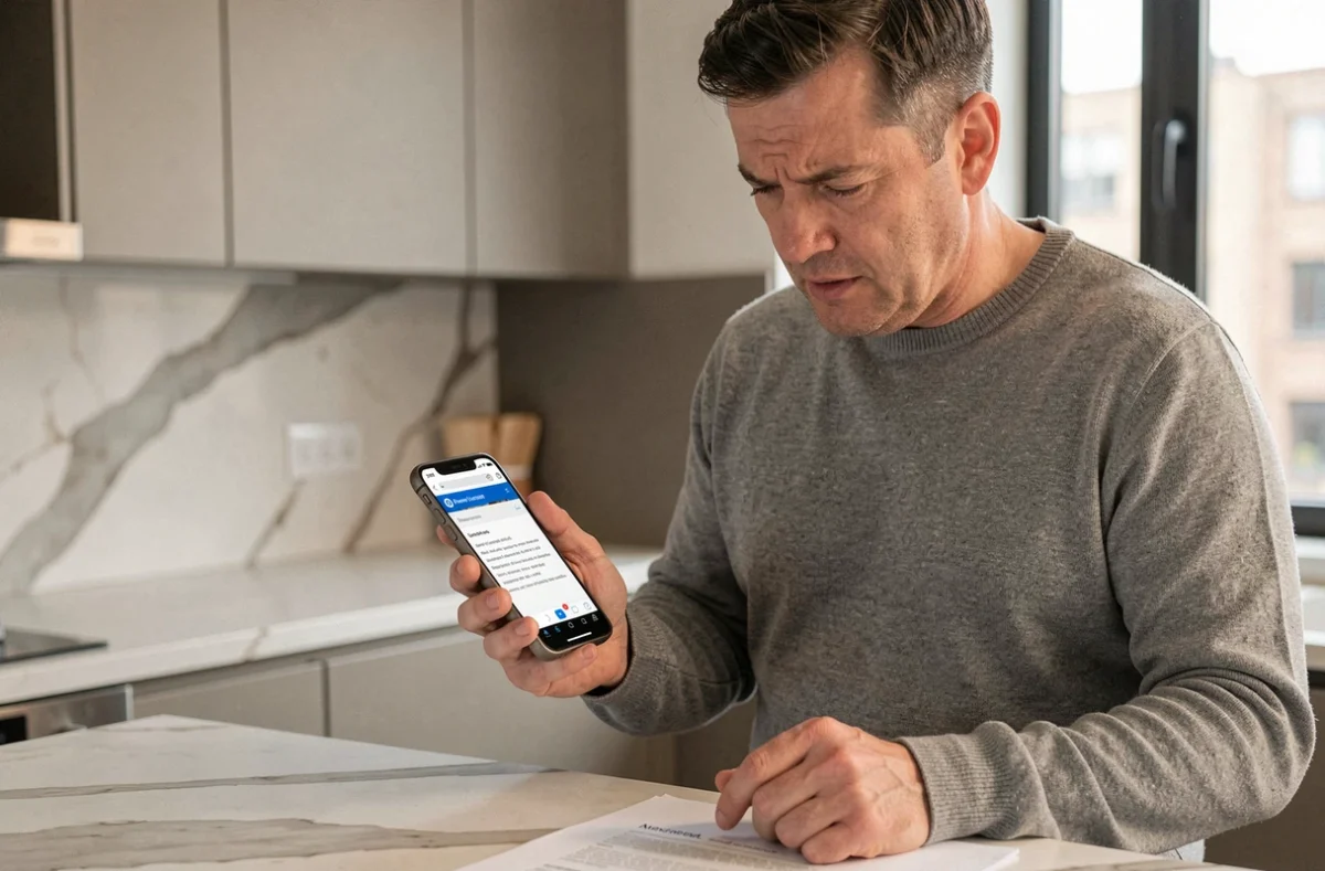Homme comparant une adresse web sur smartphone avec un document imprimé pour identifier un site officiel