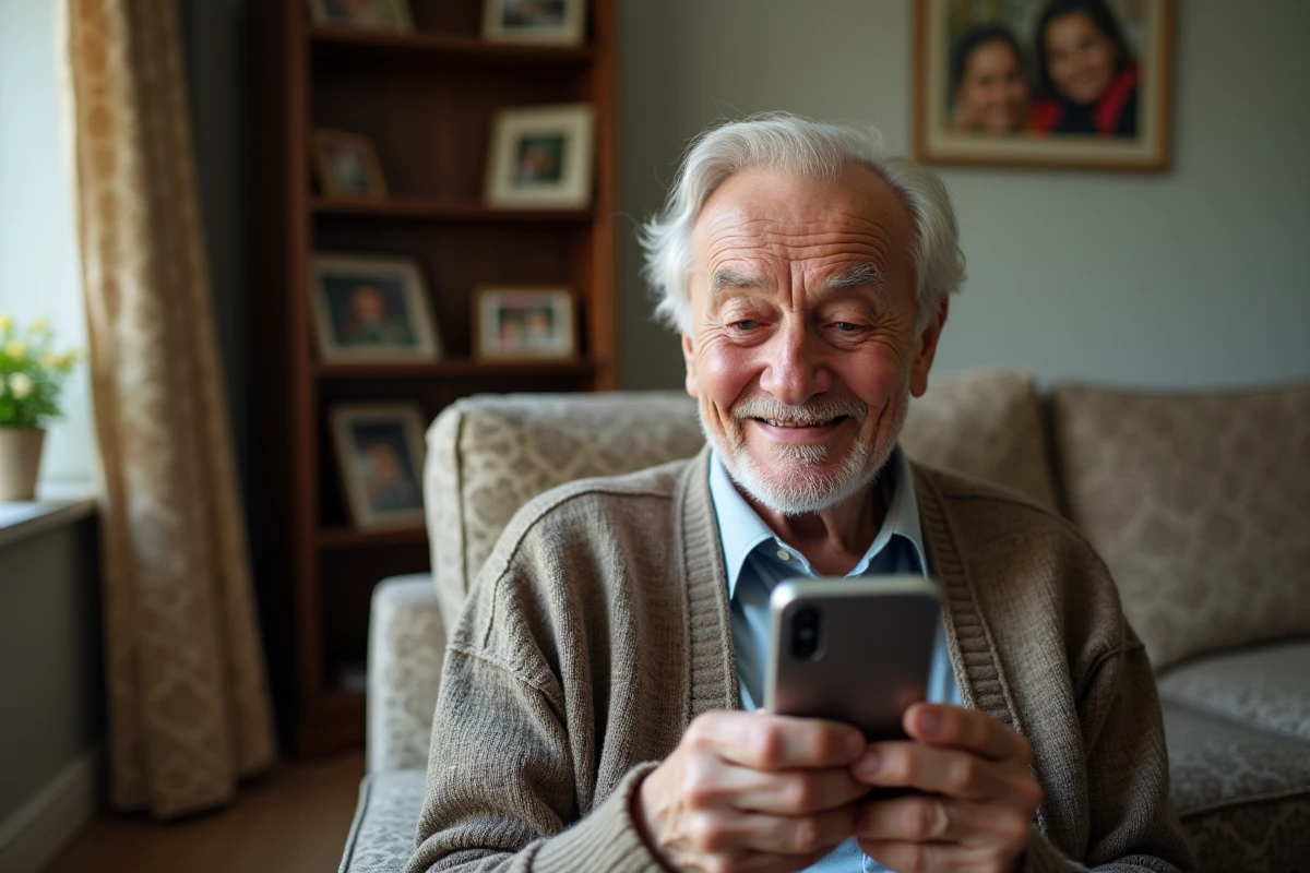 Homme âgé en vidéo appel avec sourire chaleureux