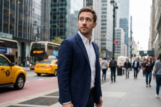 Homme en ville avec veste navy et valise, regard pensif