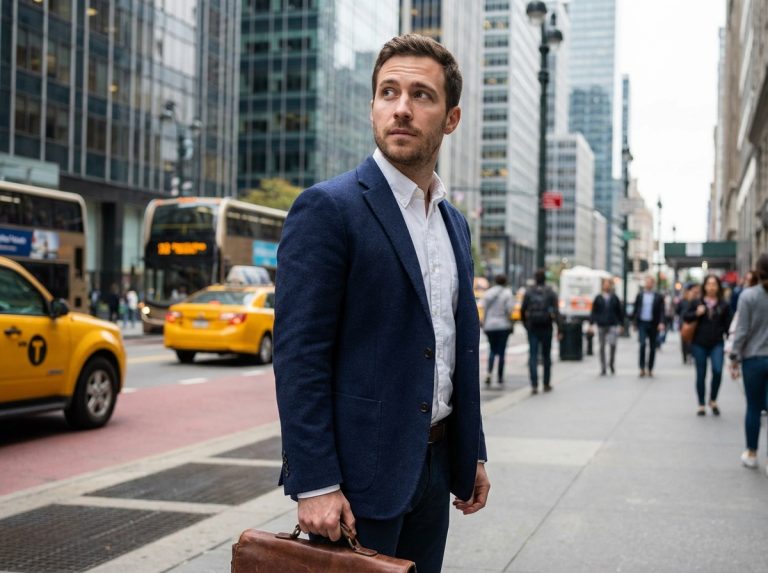 Homme en ville avec veste navy et valise, regard pensif