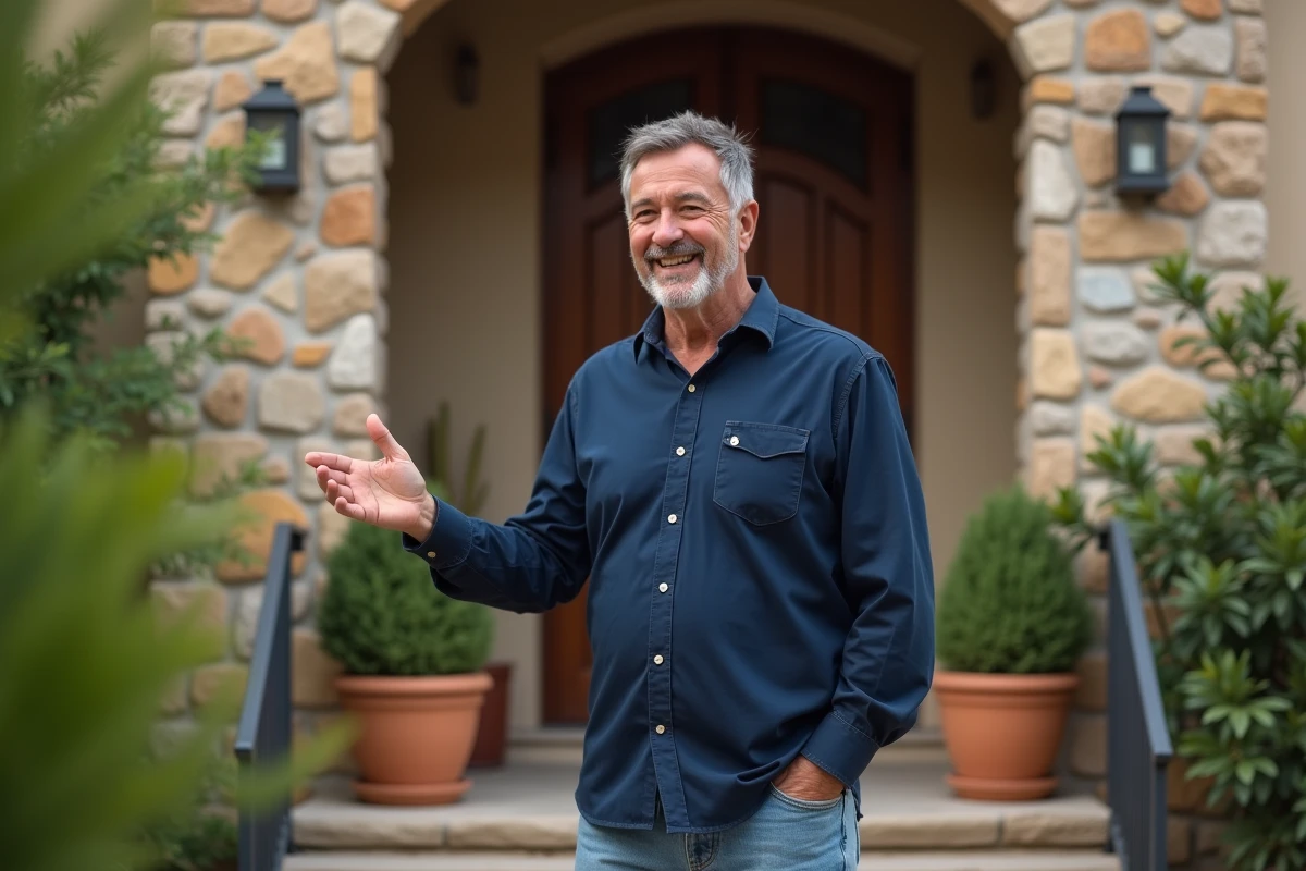 Homme espagnol remerciant un voisin devant sa maison