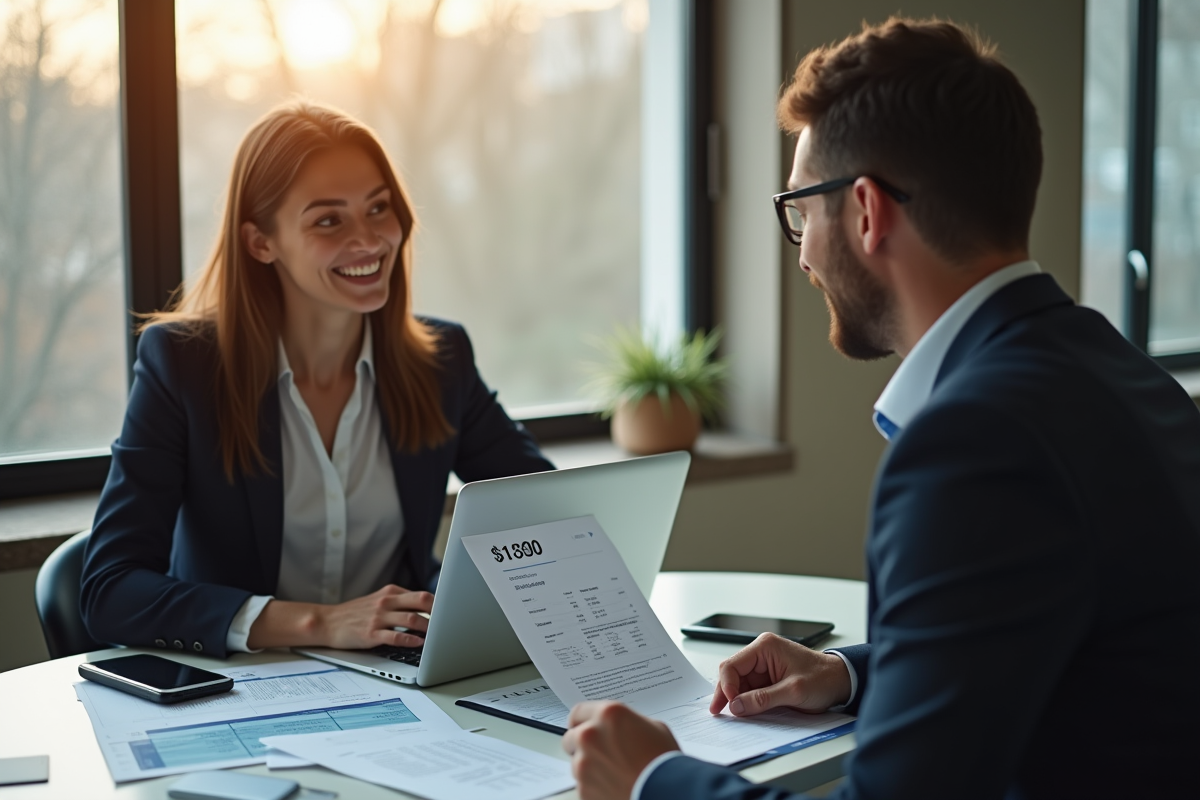 Homme et femme discutant de documents financiers avec ordinateur