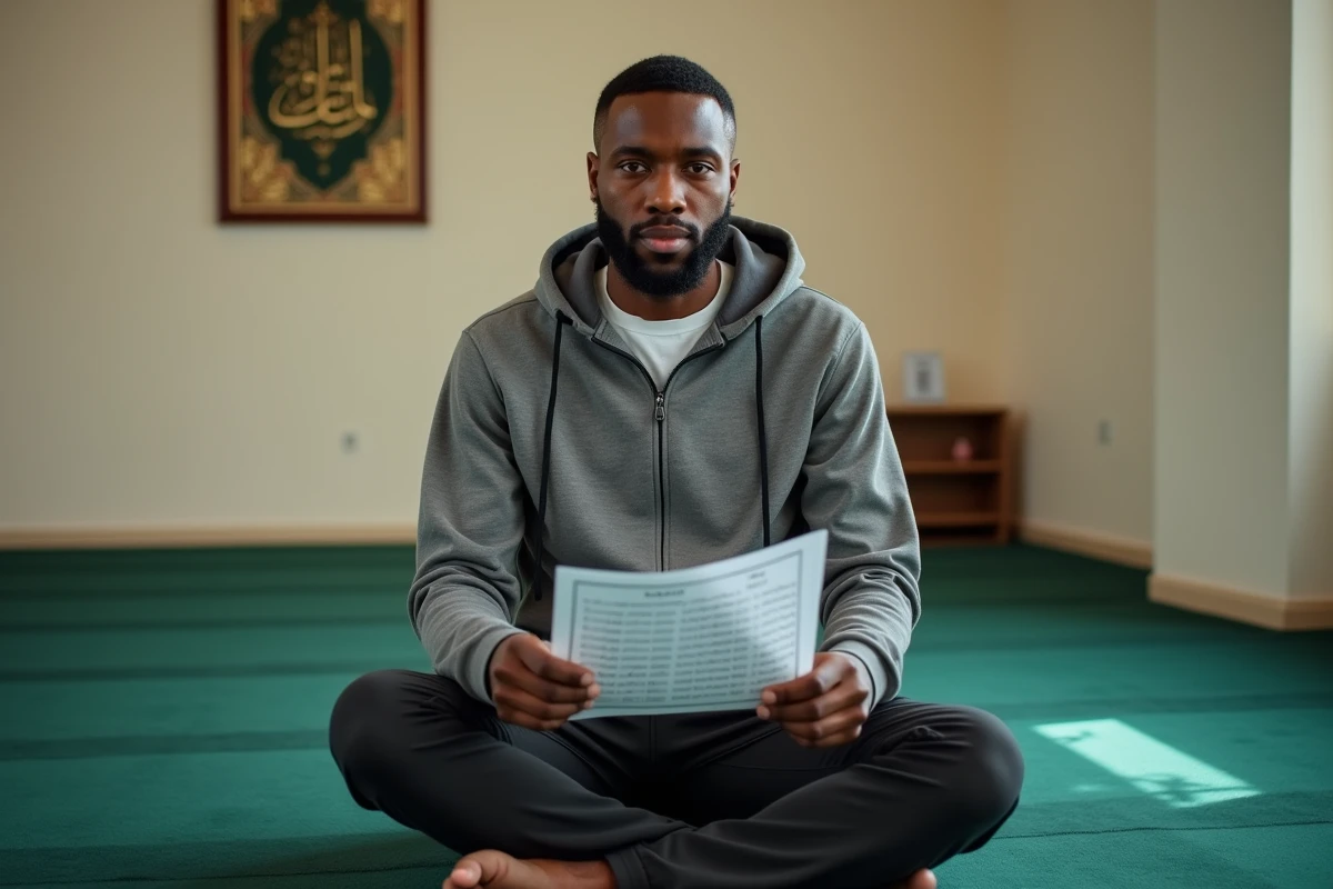 Homme consultant un horaire de prière Fajr à Nantes dans une salle de prière de mosquée