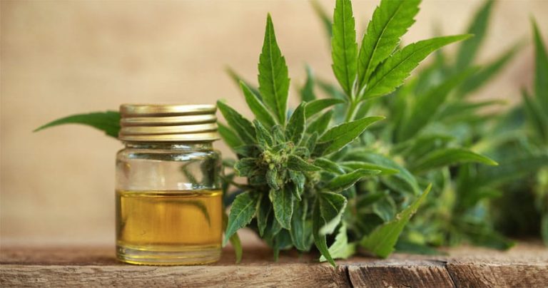 Flacon d'huile de CBD avec étiquette et goutteuse sur fond naturel