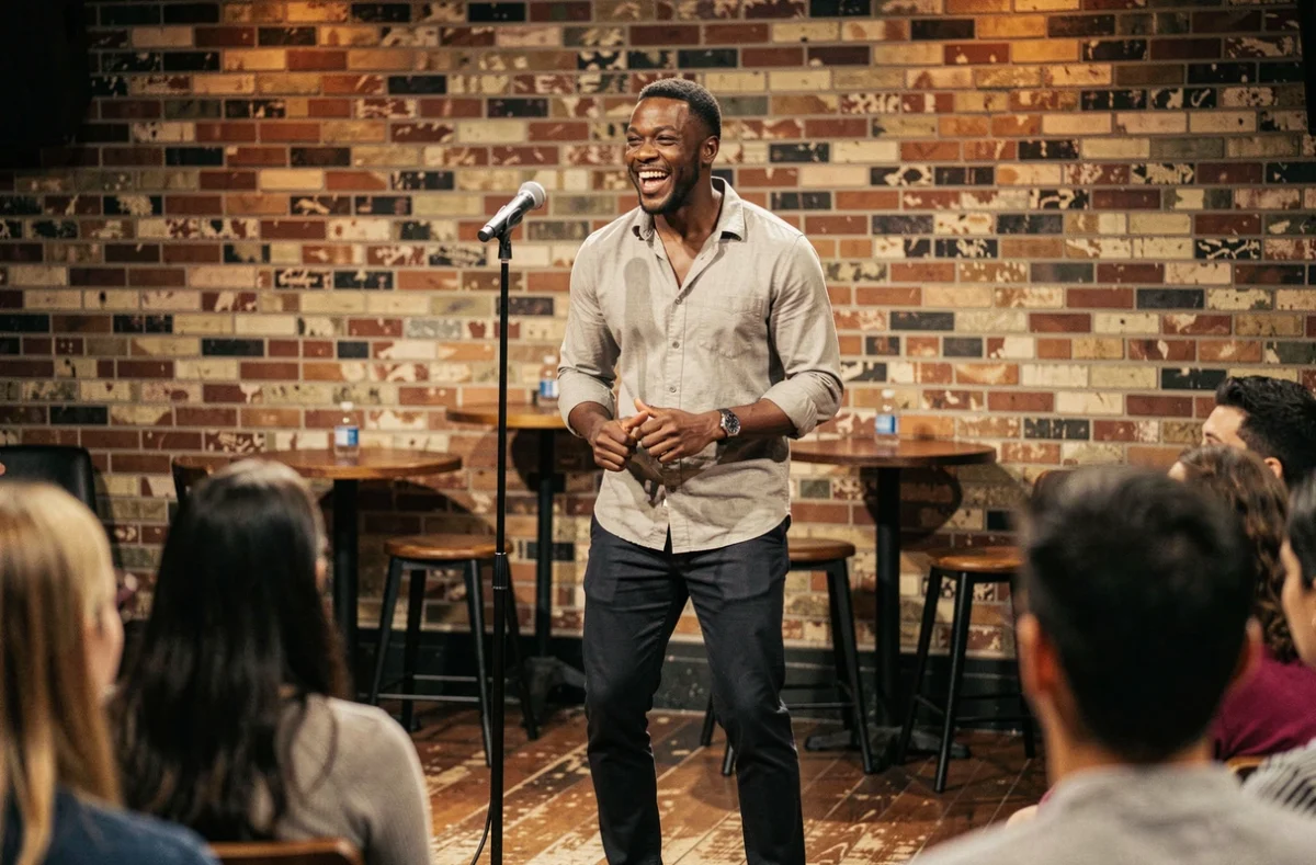 Humoriste noir sur scène dans un club de comédie intime, microphone en main, exprimant une gestuelle naturelle pendant un spectacle de stand-up
