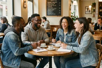 Groupe d'amis de différentes ethnies riant ensemble dans un café parisien, illustrant l'humour et la diversité culturelle