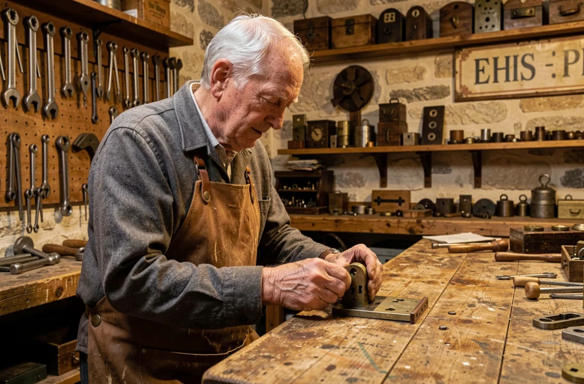 Artisan serrurier expérimenté examinant une serrure ancienne dans l'atelier historique Hurtevent Henri à Calais