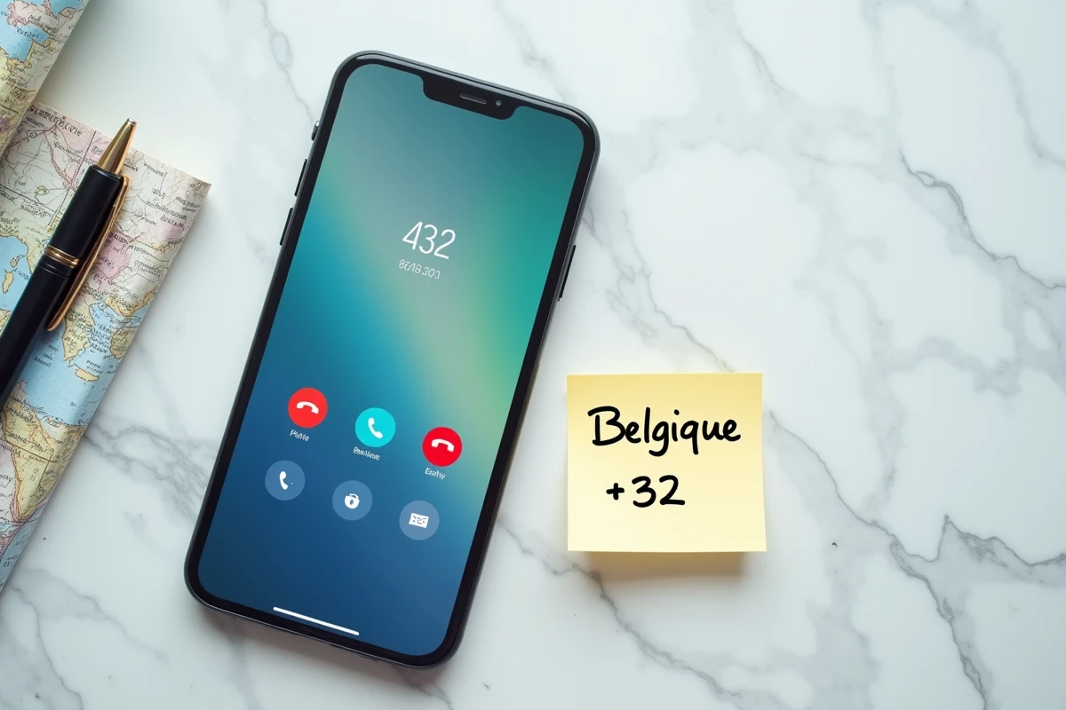 Smartphone affichant le code international +32 pour appeler la Belgique posé sur une surface en marbre avec une note manuscrite