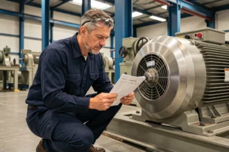 Ingénieur industriel examinant un moteur synchrone dans une usine moderne, comparaison moteur synchrone et asynchrone
