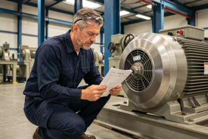 Ingénieur industriel examinant un moteur synchrone dans une usine moderne, comparaison moteur synchrone et asynchrone