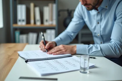 Ingénieur écrivant un tableau de conversion litres en mètres cubes dans un cahier quadrillé sur un bureau moderne