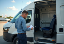 Personne inspectant un van cargo d'occasion en journée