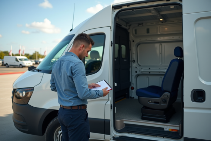 Personne inspectant un van cargo d'occasion en journée