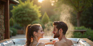 Jeune couple profitant d'un jacuzzi extérieur dans un jardin normand