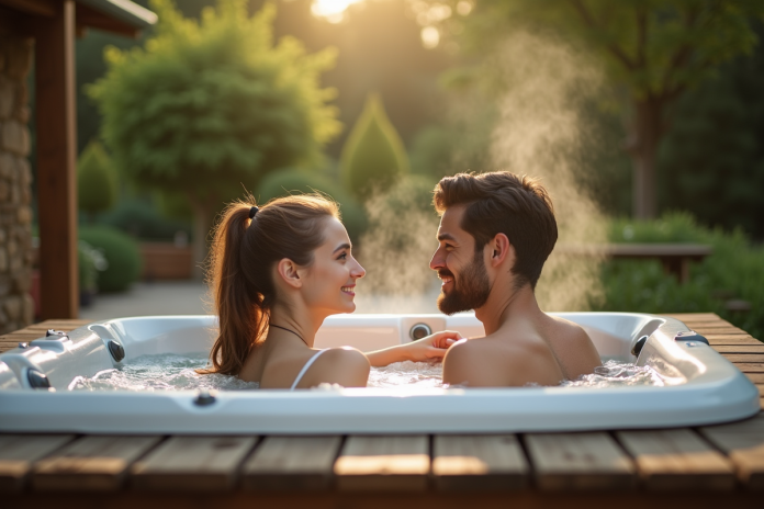 Jeune couple profitant d'un jacuzzi extérieur dans un jardin normand
