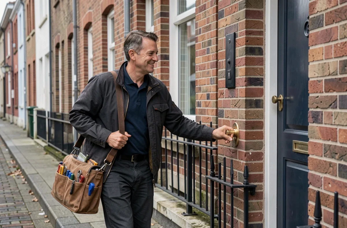 Serrurier de proximité arrivant pour un dépannage à domicile dans un quartier résidentiel de Calais, représentant le serrurier Jérôme